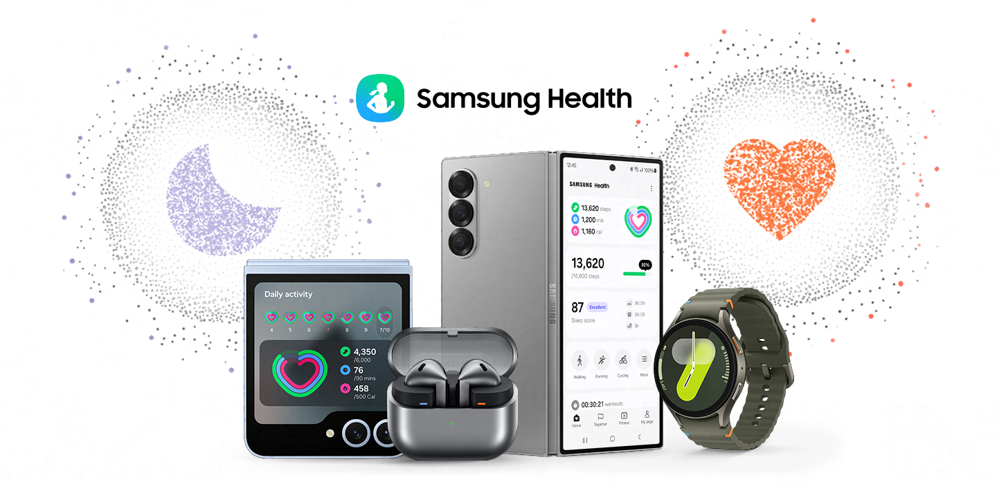 Galaxy Ring, Galaxy Z Flip6, Galaxy Buds3, Galaxy Z Fold6 and Galaxy Watch7 are seen with a text 'Samsung Health' and its logo. Dotted app icon of sleep and heart are hovering over next to the devices.